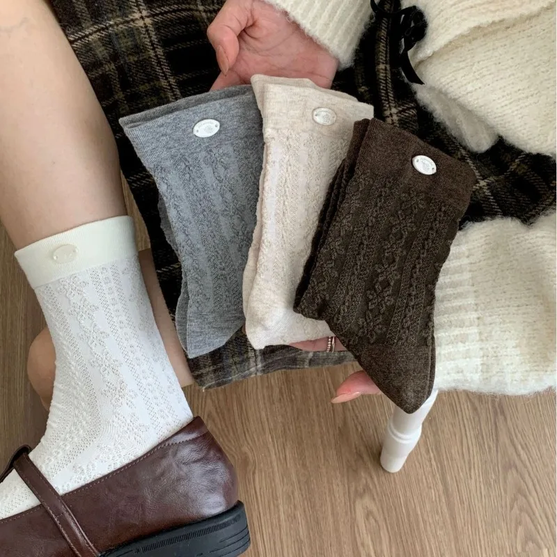 

5 Pairs Autumn Winter Solid-Color Mid-Calf Knit Socks Women Korean Style Women's Cotton Socks Set Adult Hosiery High Quality