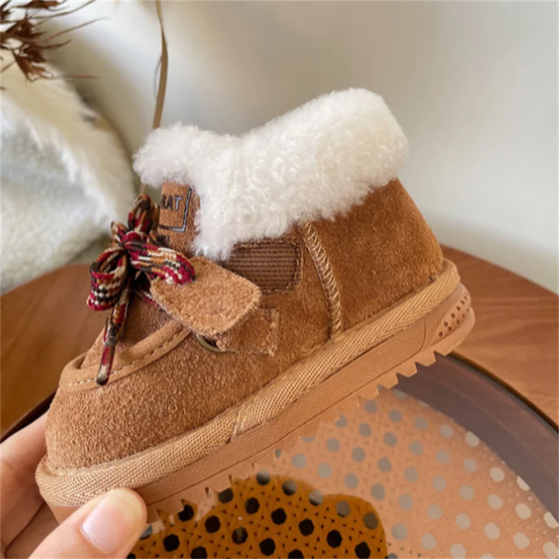 2023 neue Winter Baby Stiefel Leder warme Plüsch Mädchen Schuhe weiche Sohle Mode Kleinkind Kinder Schneeschuhe 16-25