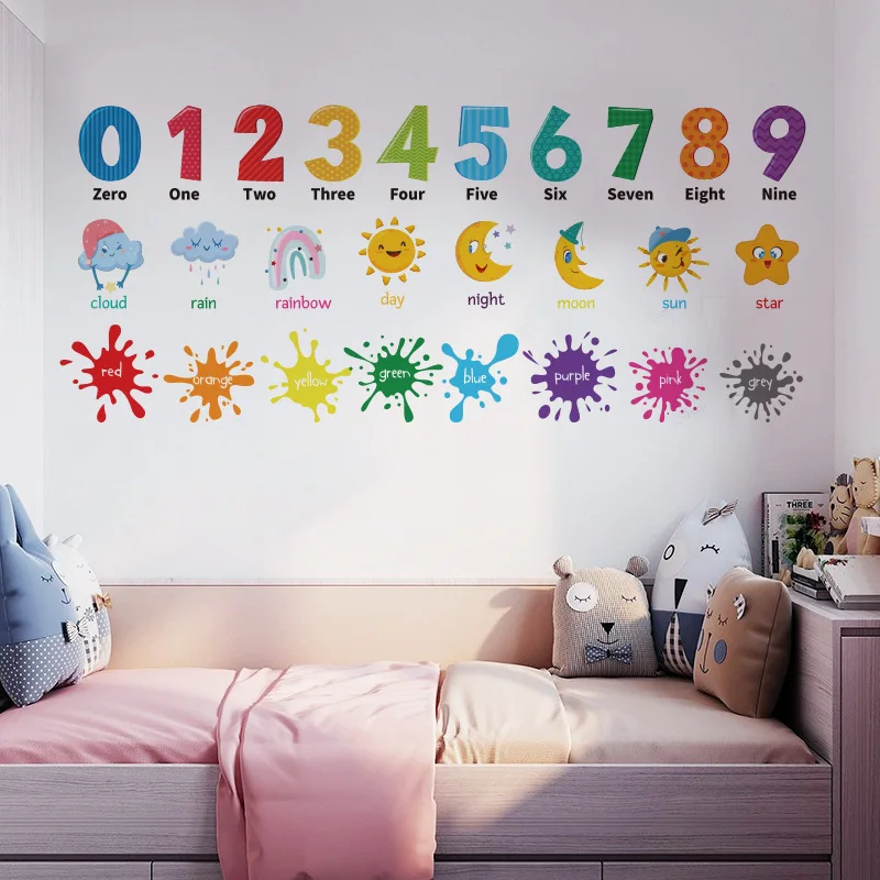 Décor à la maison pour chambre d'enfants vinyle Mural Art éducation précoce numéro dessin animé anglais couleur autocollant Mural dessin animé Animal autocollant Mural