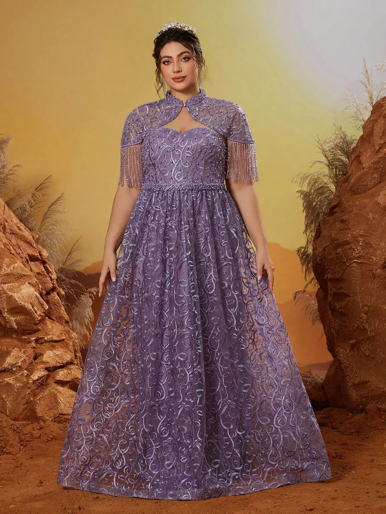 Conjunto de dos piezas de encaje bordado sin mangas Anpokt con adornos de diamantes de imitación y adornos de bolas abullonadas, adecuado para eveni