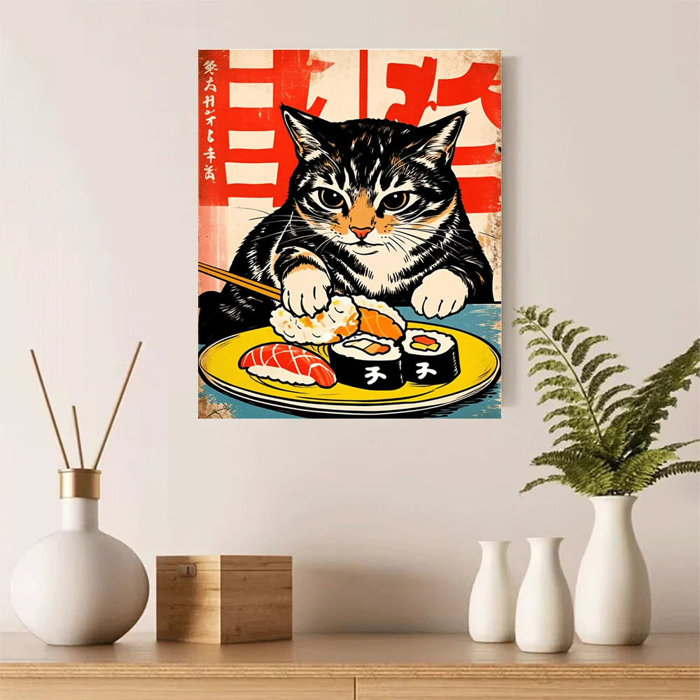 1PC-Unframed Canvas poster wall decoration  Cat Eating Sushi Japanese Style Art Poster Print