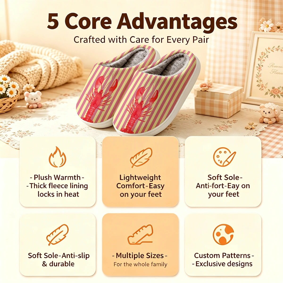 Watercolor Lobster Stripe Christmas White Slippers Warm Plush Indoor Shoes Non-Slip Winter Slippers Family Holiday Gifts Soft view 4