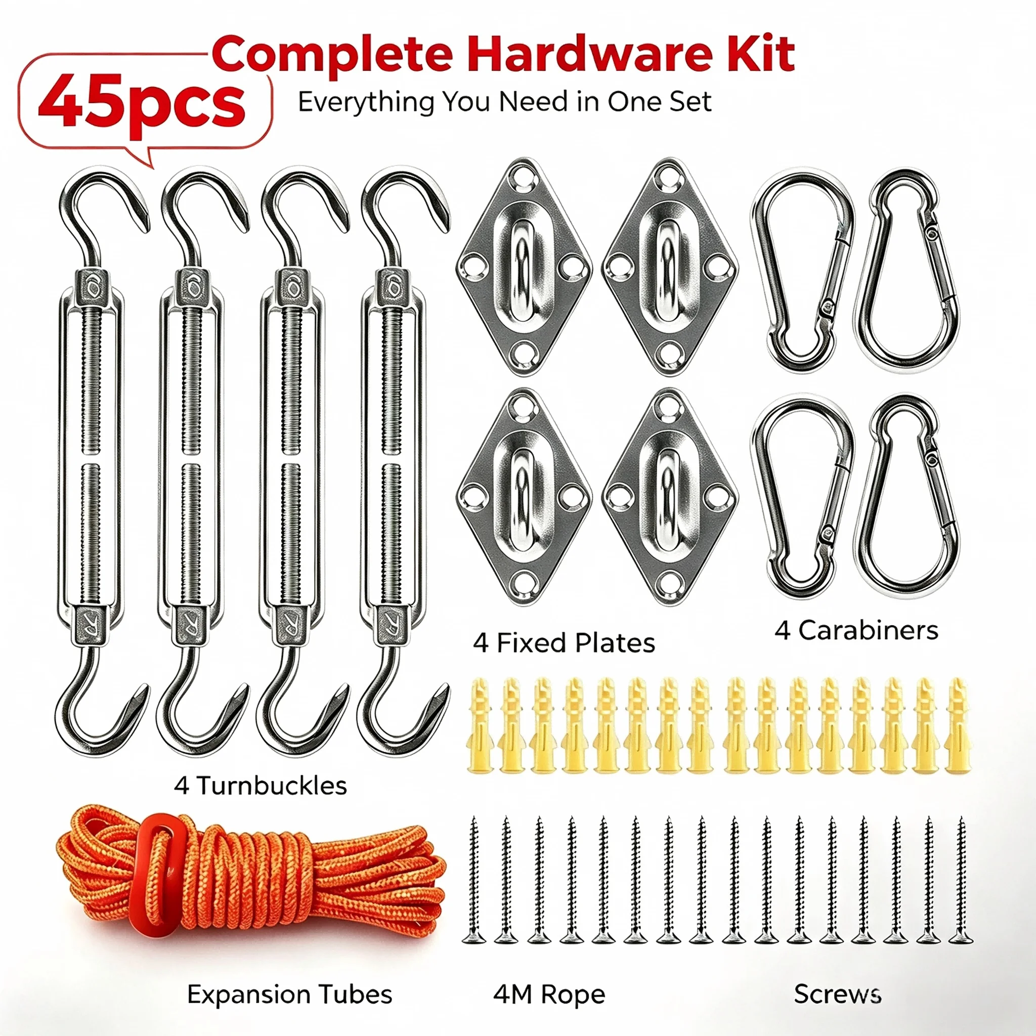 45-Piece Sun Shade Sail hardware Kit, 6 Inches, Suitable for Installing Rectangular and Triangular Sun Shade Sails, Stainless Steel Sun Shade Sail Fittings, Perfect for Outdoor Patios, Canopies, Gardens, Heavy-Duty Sun Shade Accessories, Ideal for Awnings