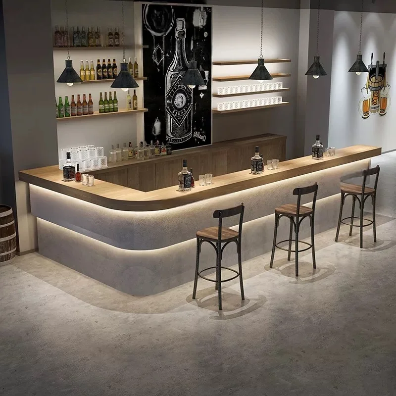 

Custom Eco-Friendly Durable Wooden Gold Bar Shapes Metal Wine Bar Restaurant Nightclub Bar Counter L-shape LED Lit Counter