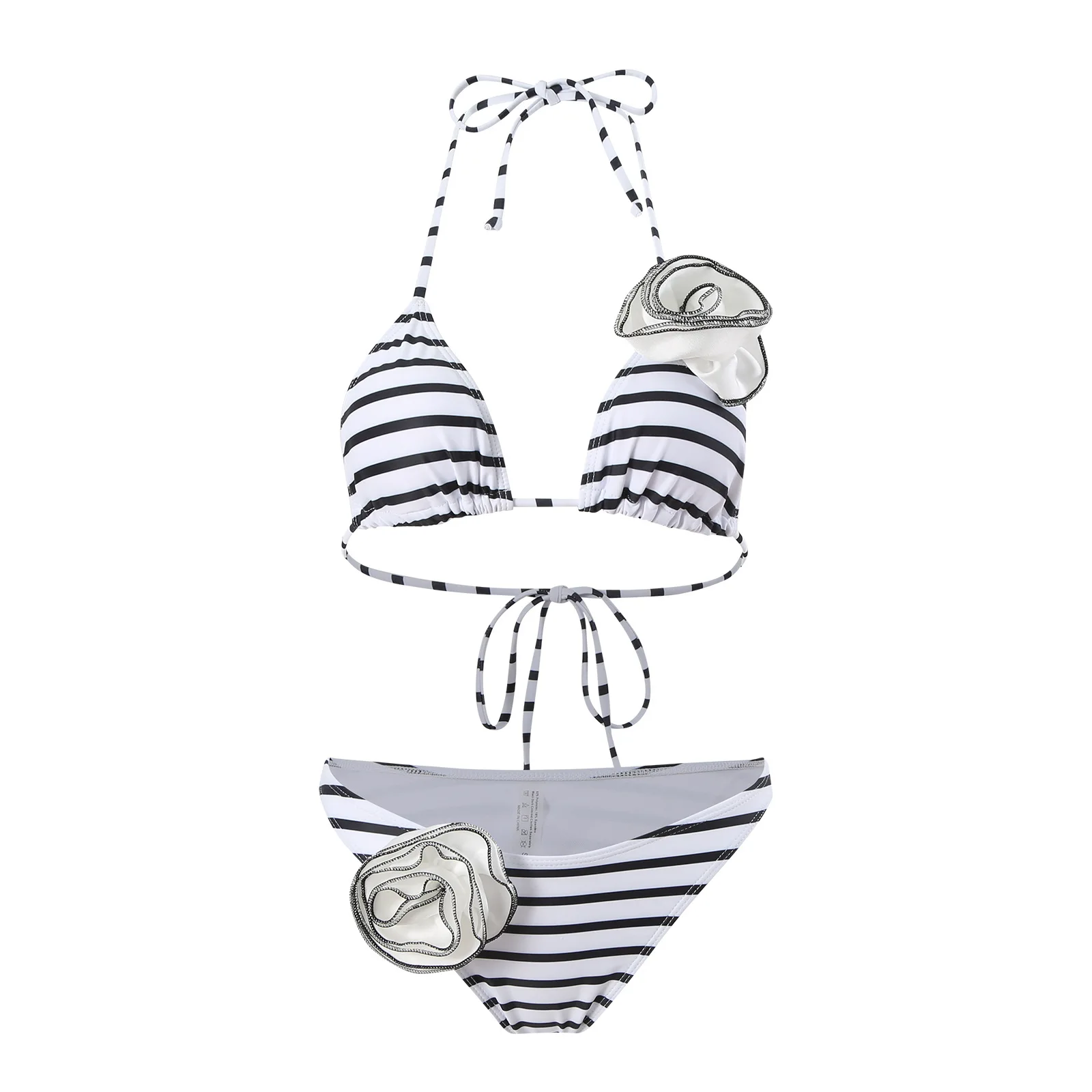 

3D Flower Halter Bikini Set Women's Black White Stripe Two Piece Swimwear Push Up Beach Vacation Swimsuit