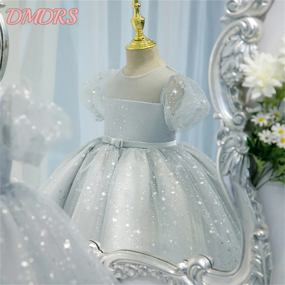 Simple Little Girls First Birthday Ball Gown Multicolor Baptism Toddler Girls Sparkle Sequin Puffy Dress Elegant Evening Dress