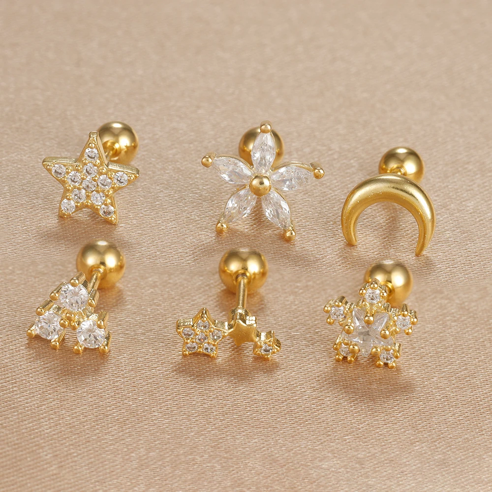 Fashion Stainless Steel Zircon Cartilage Piercing Stud Earring For Women Helix Tragus Pearl Moon Star Earring Body Jewelry 1pc