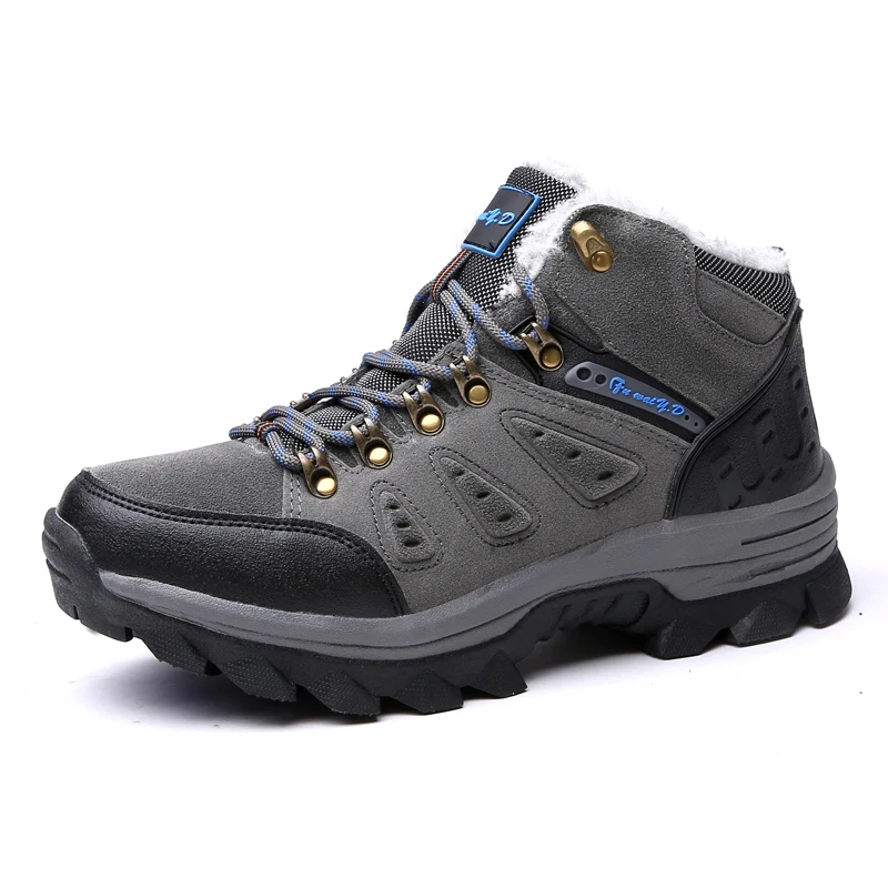 Outdoor Men's Cotton Shoes Winter Fleece Lined High Top Couple Mountain Climbing Shoes Large Size Rubber Sole Casual Sports Shoe