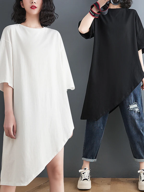 2025 Summer New Loose Fashionable Age Reducing Personality Irregular Slimming Large Short Sleeve T-shirt Top for Women M532