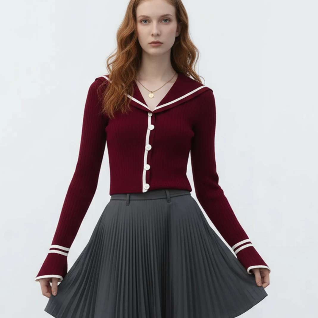 2025 Fall Women Sailor Collar Red Knitted Top Autumn Long Sleeve Cardigan Sweater Flare Sleeve Elegant Casual Knitwear