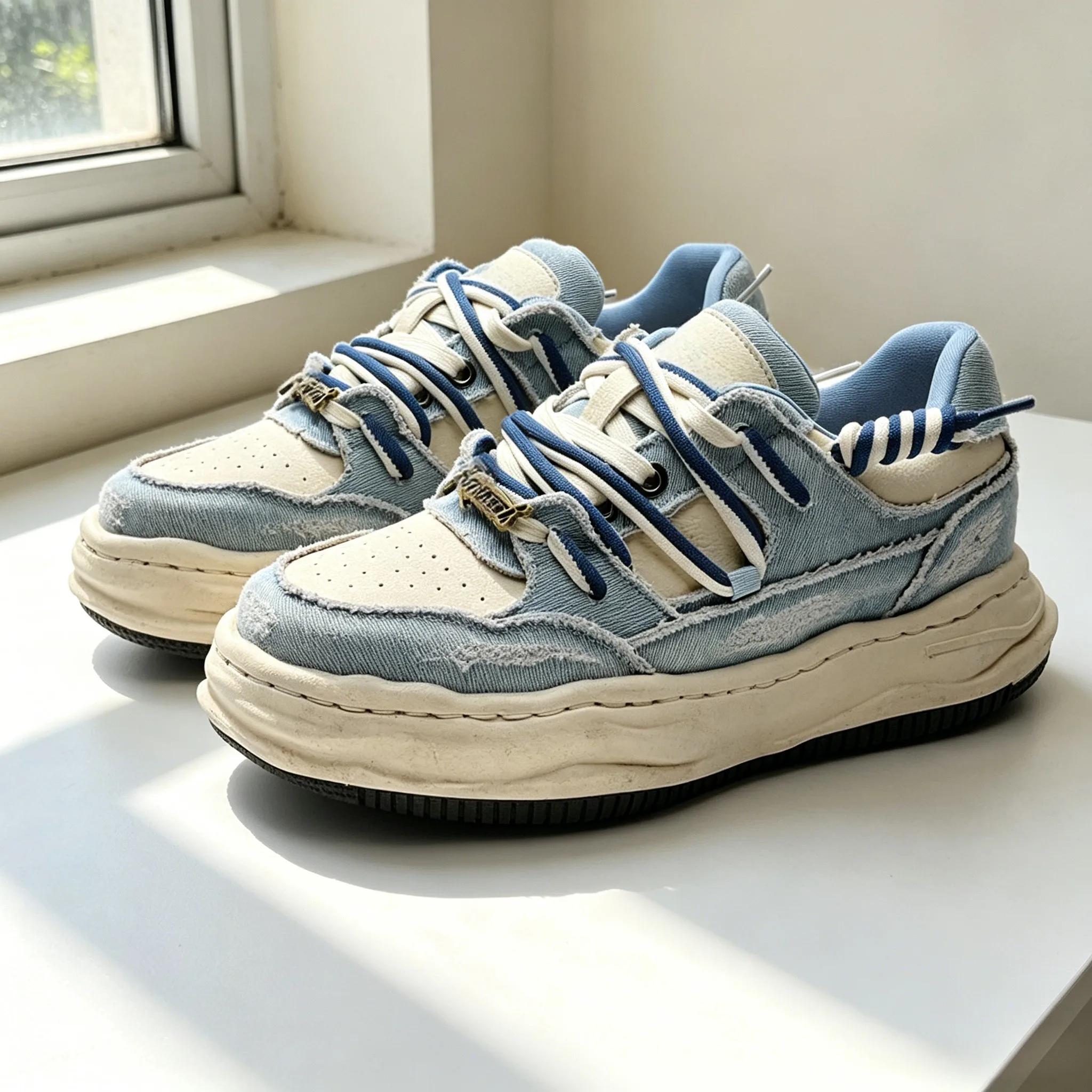 

Unisex Versatile Daily Casual Sports Sneakers Distressed Denim Dissolving Style 7cm Elevated Thick Sole Footwear