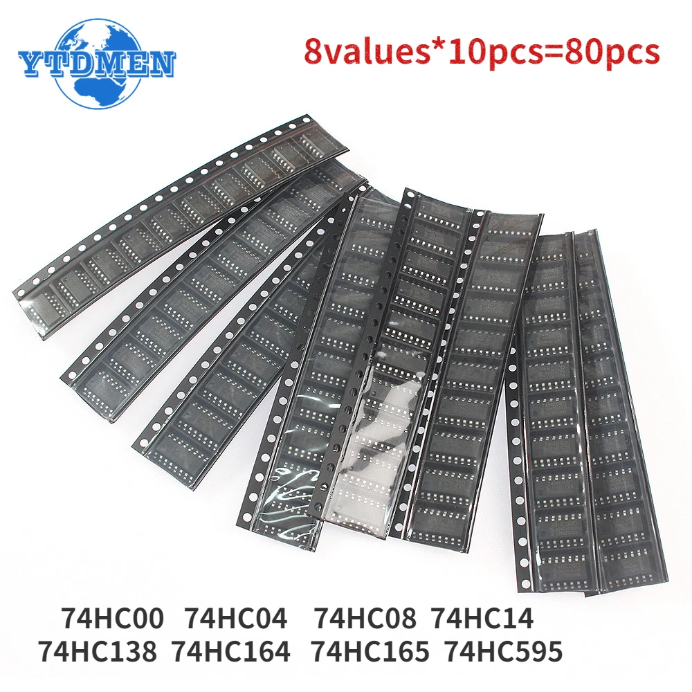 80pcs/lot Logic IC Electronic Component Kit, 74HC00D 74HC04D 74HC08D 74HC14D 74HC138D 74HC164D 74HC165D 74HC595D SOP ICs Chip