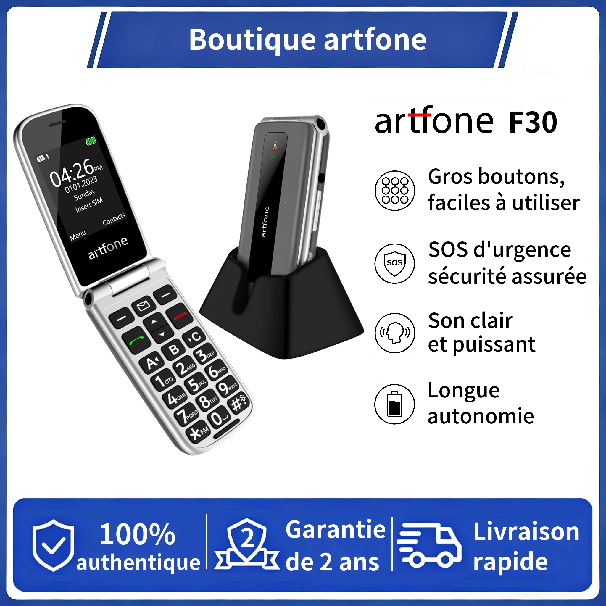 artfone F30, téléphone portable 4G à clapet pour seniors, grandes touches, station de charge, bouton SOS, batterie de 1300 mAh