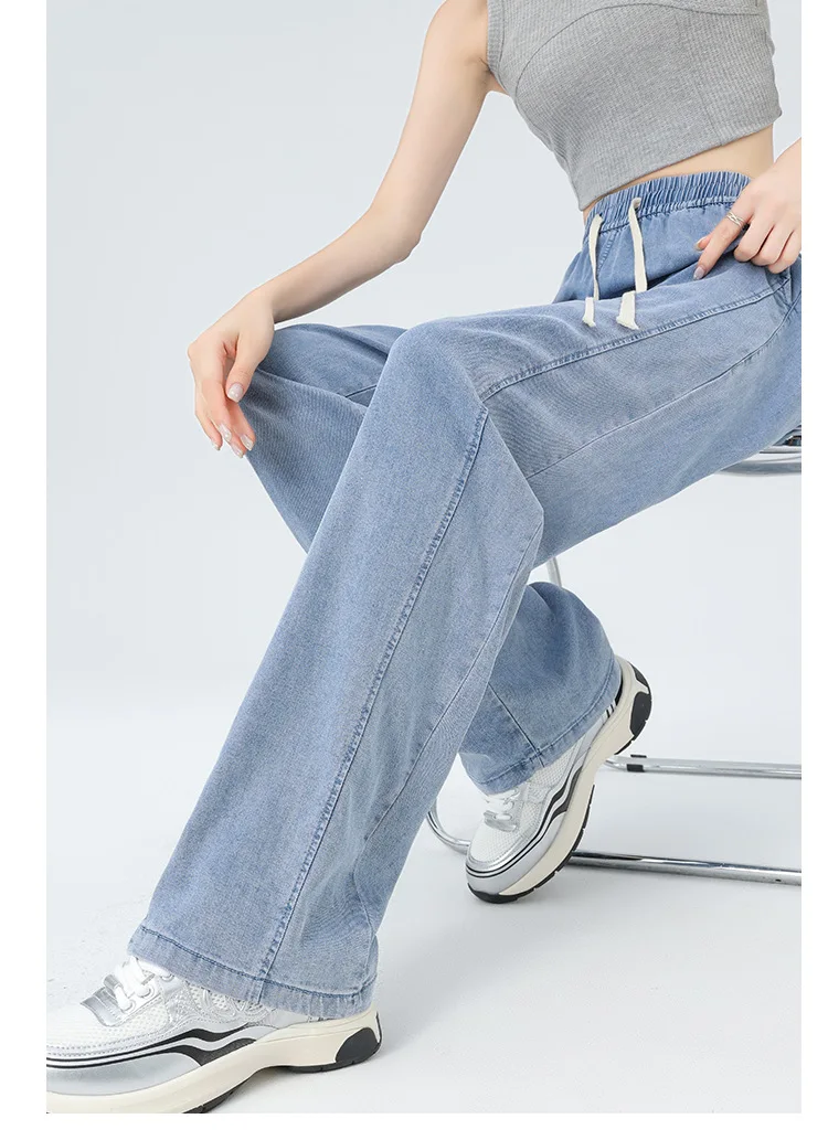 High-quality Retro Blue Ice Silk Jeans 2024 New Summer Ladies Elastic Waist Drawstring Cool Comfortable Drape Straight Leg Pants