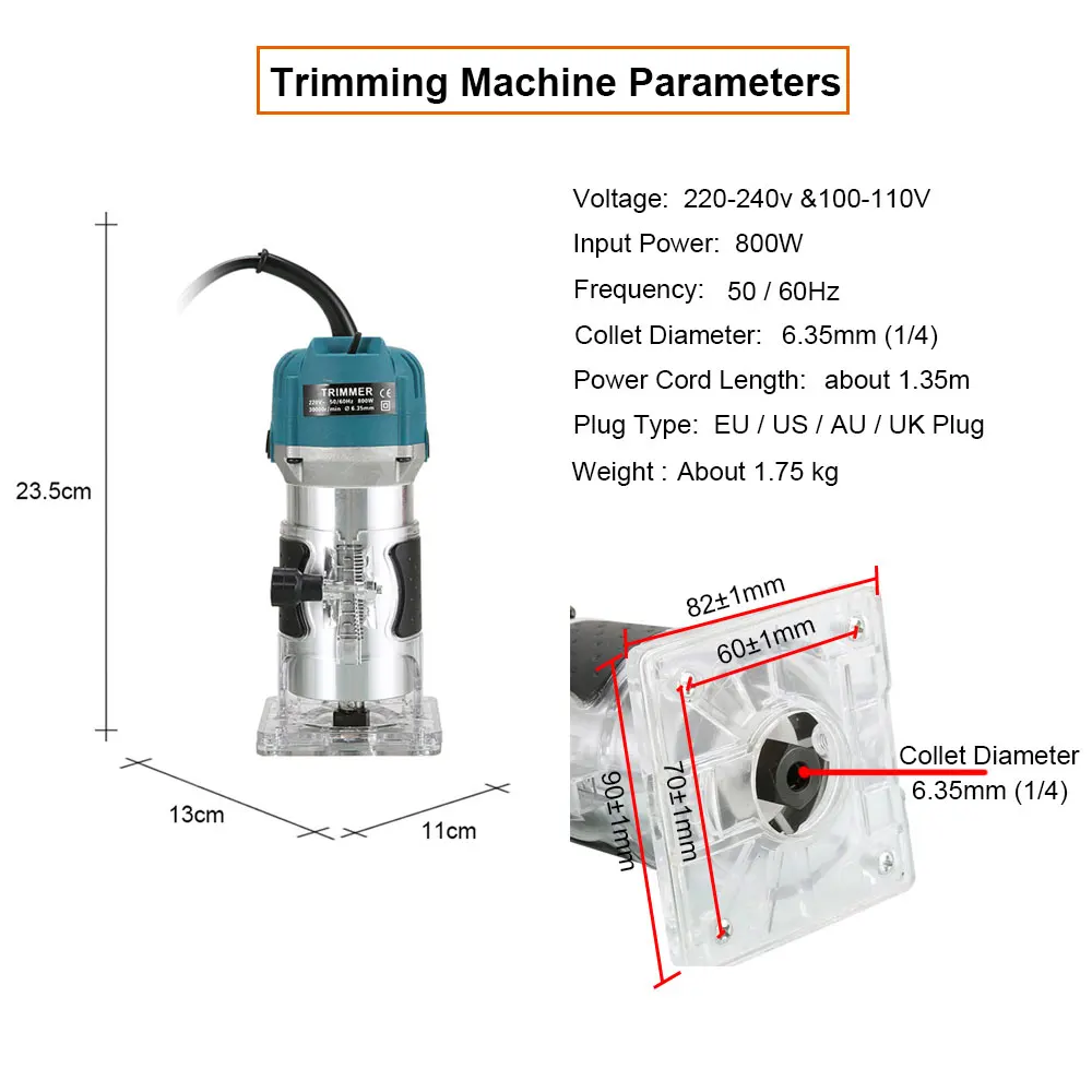 Wood Router Woodworking 800W Electric Trimmer 30000RPM Power Carpentry Tool for Woodworking Trimming Grooving Carving Milling