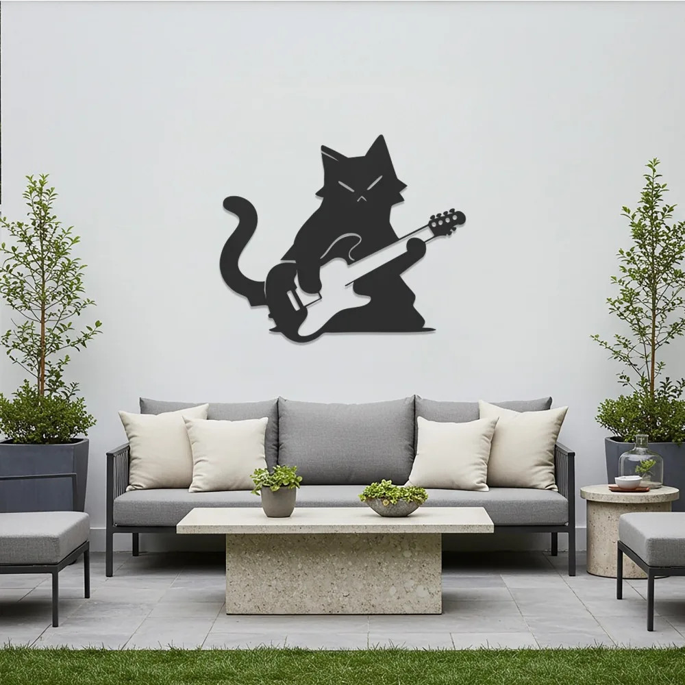CIFBUY Iron Wall Art Rock Guitar Cat Waterproof Sculpture For Home Hanging Decor Music Lover Gift