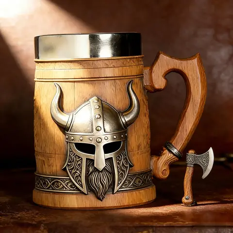 Medieval Revival Viking Pirate Beer Mug "Norse Mythology Odin/Thor Theme" Tankard Nordic Medieval Axe Handle Wood Barrel Stein
