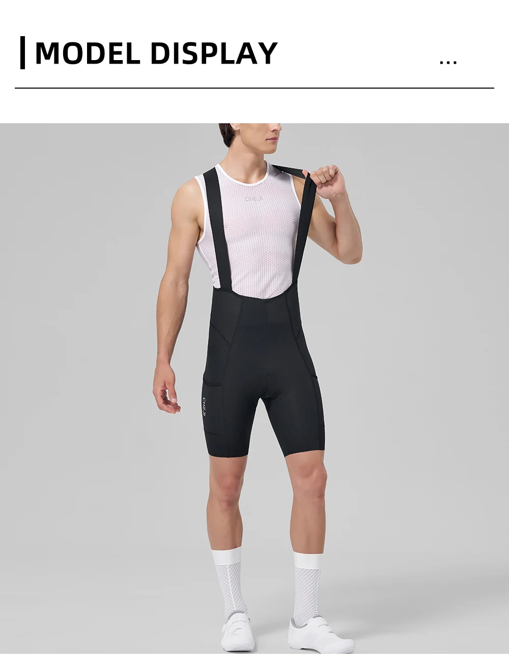 CHEJI Herren Radsport-Trägerhose mit Seitentaschen, nahtlosen, rutschfesten Beinmanschetten, gepolstert für 7 Stunden Fahrt auf Straßen- und MTB-Fahrrädern. – Detail 7