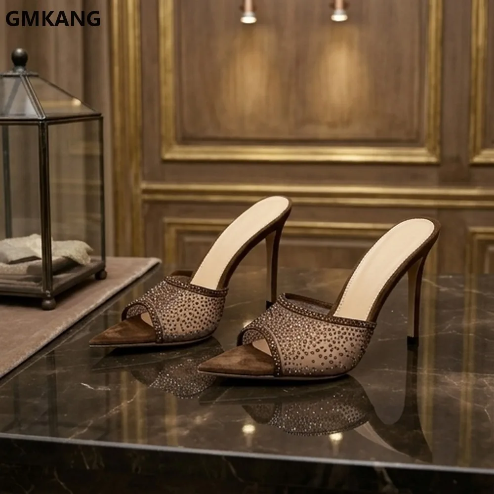 Womens Mesh Stiletto High Heel Mule Sandals Pointed Toe Slip On Breathable Summer Shoes Sexy Crystal Heel Dress Party Night