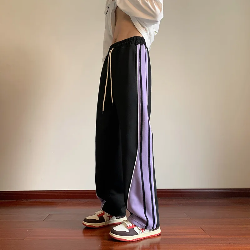 

Japanese Retro Casual Pants Men's Fitting Straight Leg Pants College Style Wide Striped Patchwork Drawstring Sweatpants Autumn