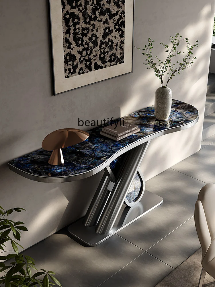 

Light luxury home high-end console table modern simple stainless steel luxury stone marble corridor wall-side view table