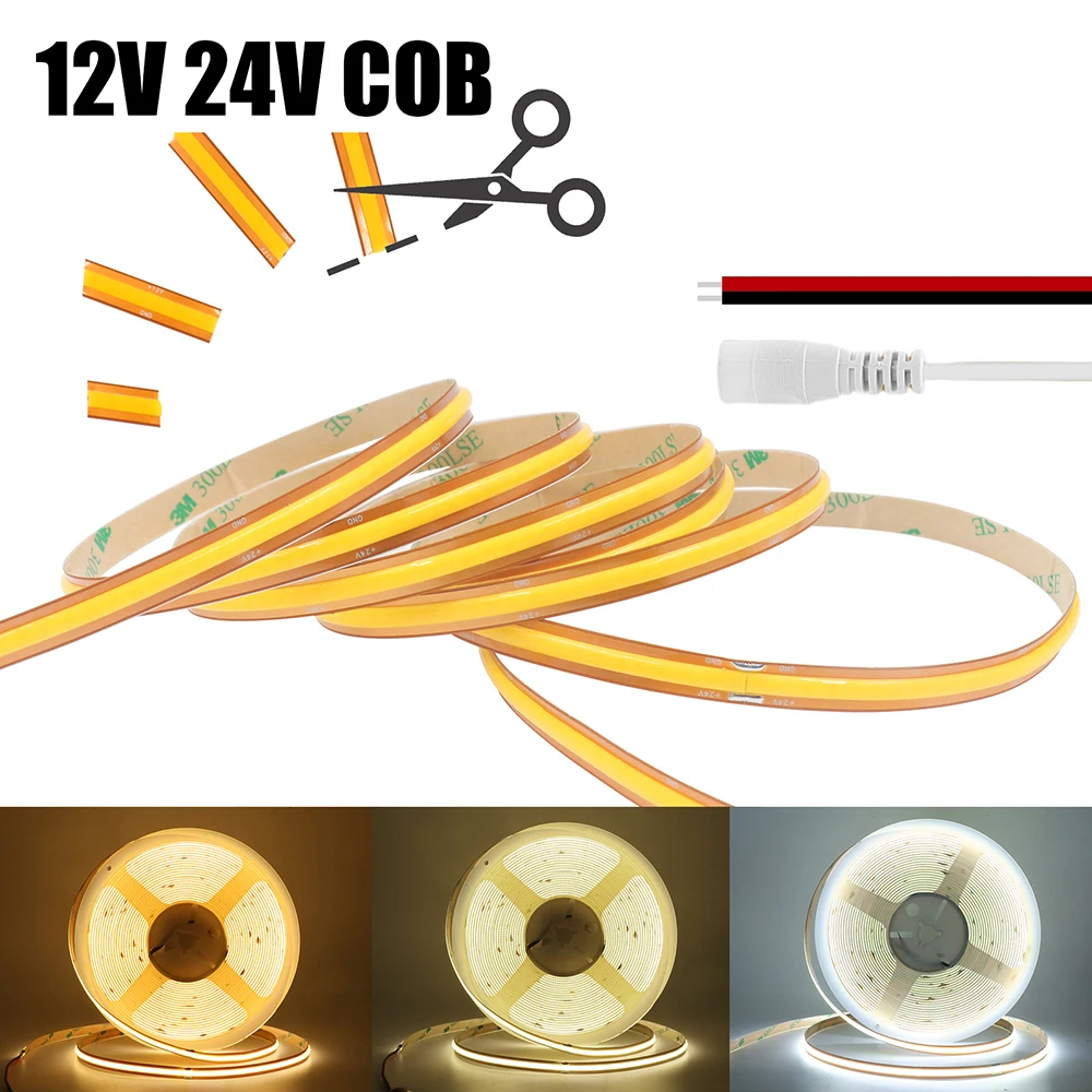 12V 24V COB LED Strip Light Free Cut 528 720 LEDs Flexible Tape 1m 2m 5m 10m 15m 20m 0.5m Warm/Natural White Linear Lighting