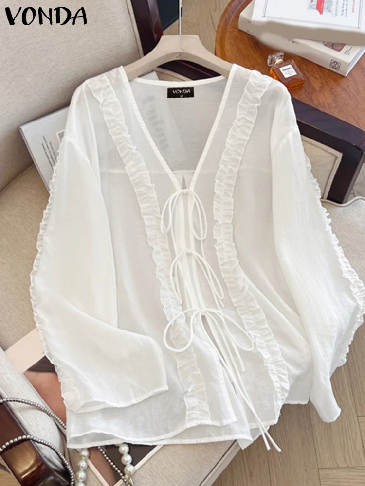 เสื้อคลุมคาร์ดิแกนผู้หญิง 2025 VONDA แฟชั่น แขนยาว ผ้าชีฟอง แต่งเชือกผูก เสื้อคลุมตัวยาว สไตล์ลำลอง หลวมๆ ซีทรู วินเทจ เสื้อชายหาด