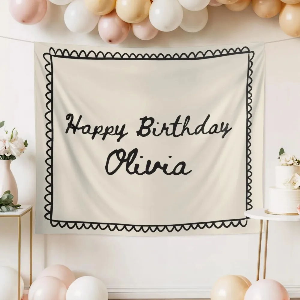 Custom Birthday Backdrop Personalized Name Fabric Banner Black Scallop Border Happy Birthday Party Photo Booth Wall Decor - view 6