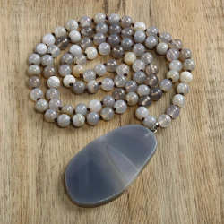 New 8mm striped gray agate knotted necklace with irregular agate pendant, sweater chain, bohemian style women's jewelry