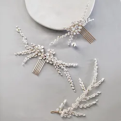 Tiny Beads Bridal Comb Hair Vine White Flower Wedding Headband Fashion Women Hair Piece Gold Color