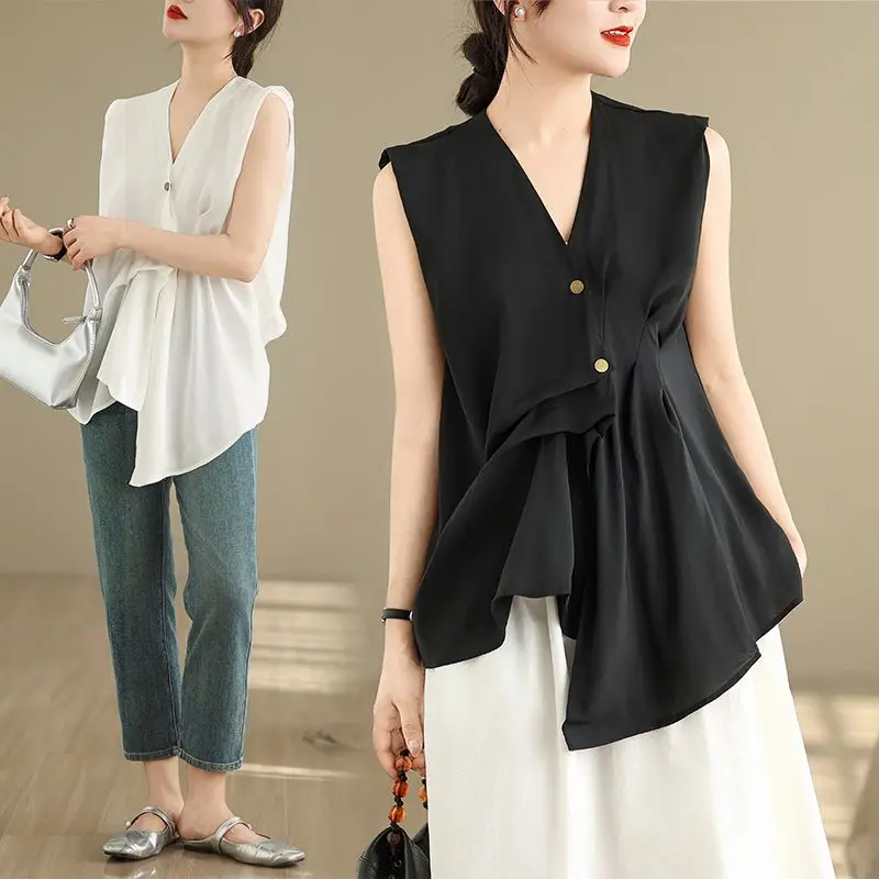 

Women Summer Simplicity Loose V-neck Solid Color Sleeveless Shirts Ladies Trend Office Lady All-match Temperament Tank Top Tops