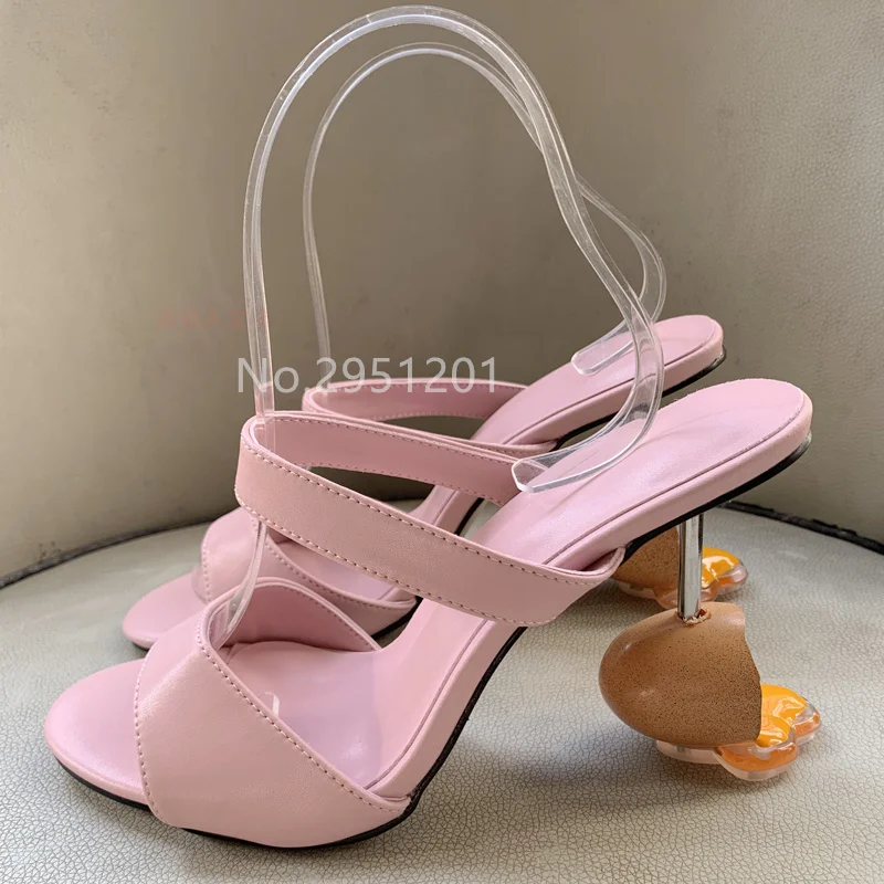 New Color Leather Ankle Straps Sandals Open Toe Egg Metal Iron Heels Mules Women Green Slip-on Unique Heels Sandalias Mujer