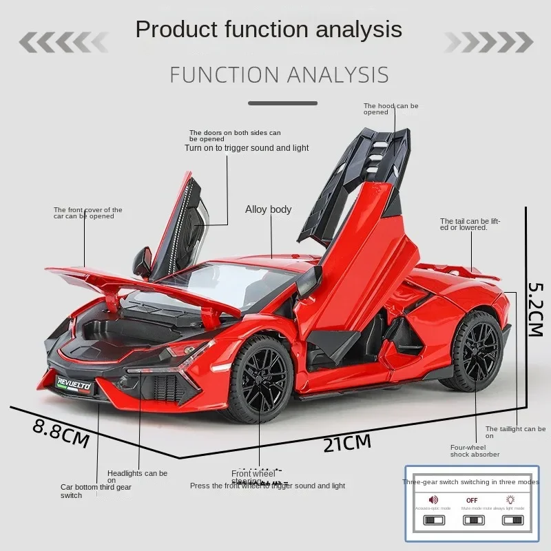 Simulazione 1:24 Lambo Revuelto Alloy Super Car Model Sound Light Collective Miniature Voiture Children Boy Diecast Toy Vehicle