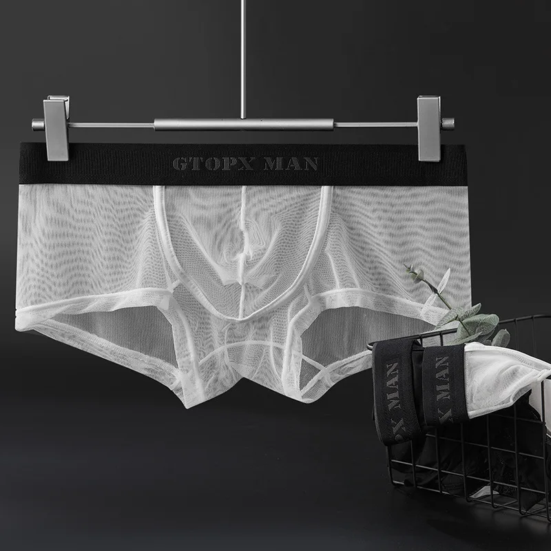 Bóxer de malla completa para hombre, ropa interior fina de seda de hielo, convexo en U, cintura baja, transparente, Sexy