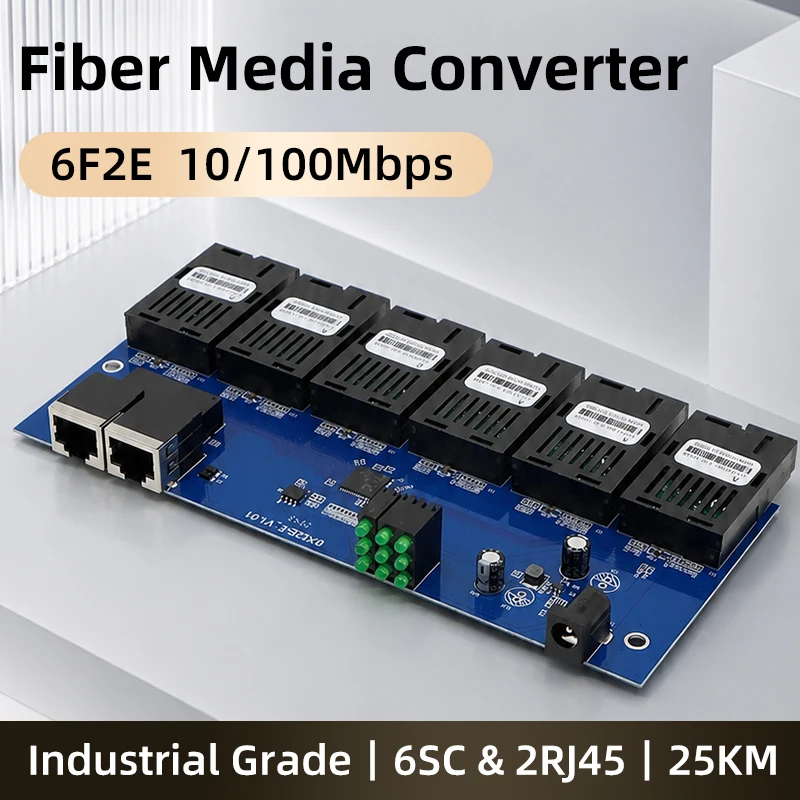 Embedded 6F2E Fiber Switch PCBA 6SC 2RJ45 100Mbps 25KM Single‑Fiber Bidirectional Board For Industrial Automation Campus Network