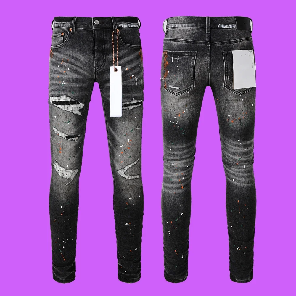 Purple roca Jeans brand black Spill Bleach Paint Mid Rise Slim Softener Denim Distressed Snow Wash Drop pants