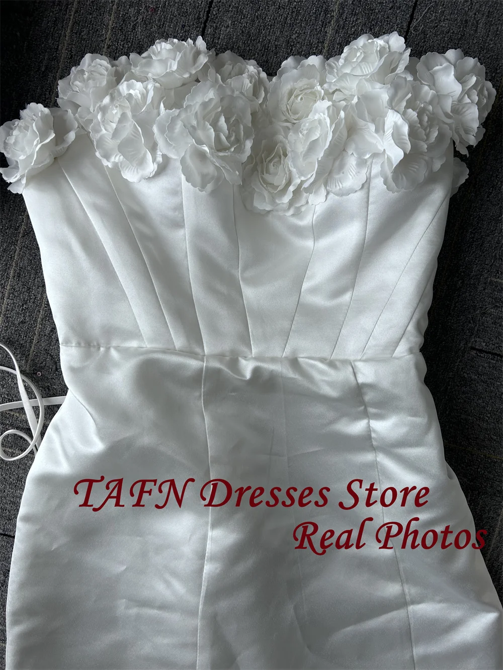 TAFN Real Photos Handmade Flowers Short Wedding Dresses Detachable Sleeves Mini Bridal Gown Satin свадебное платье Lace-up image 3