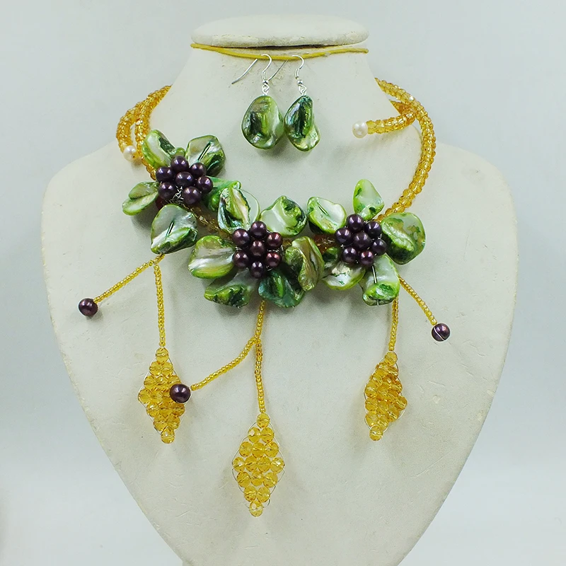 Fashion African Wedding Pearl With Green Shell Flower Jewelry 19