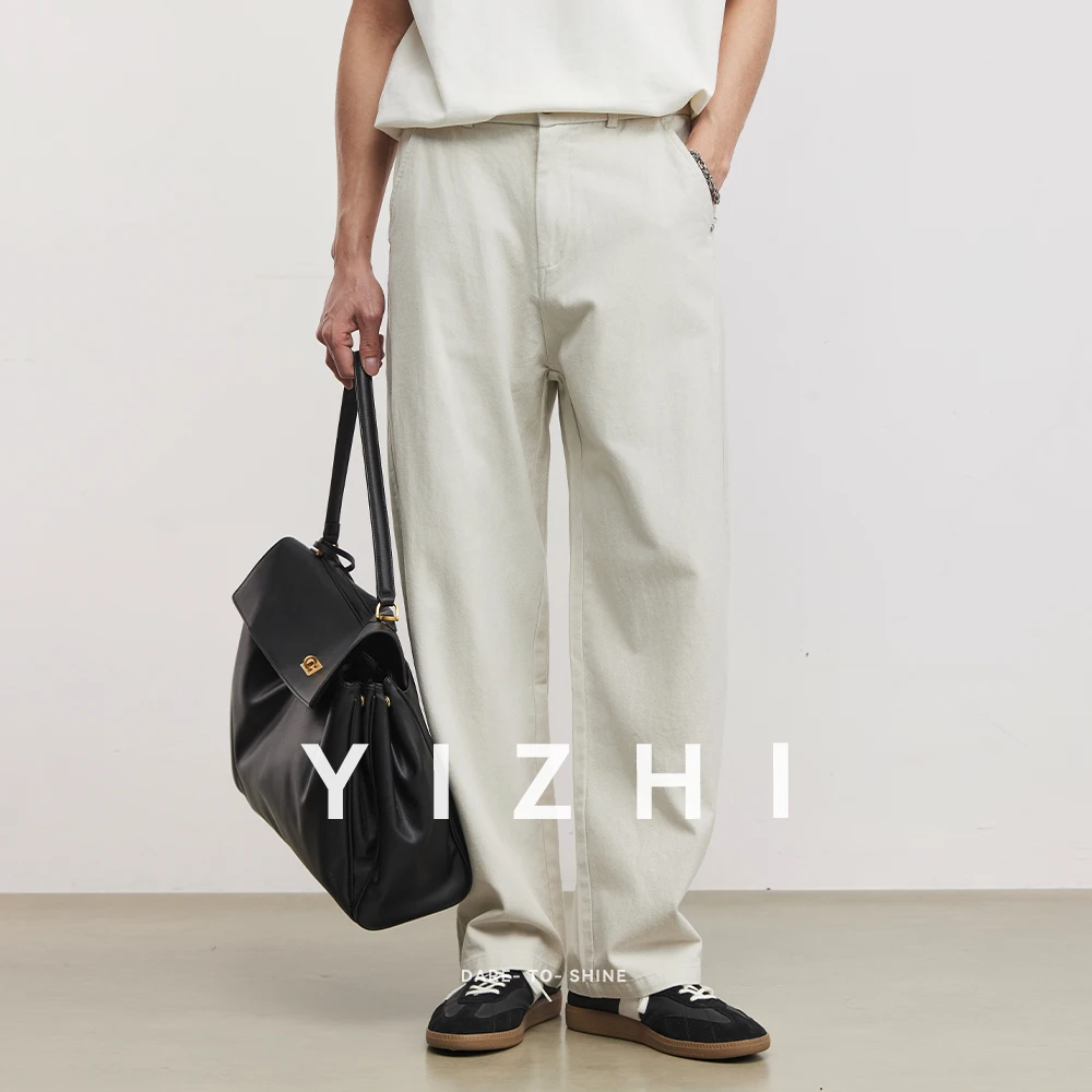 Men's Heavyweight 290g Minimalist Draping Wide Leg Pants Summer 100% Cotton Loose Commute Straight Casual Denim Long Pants