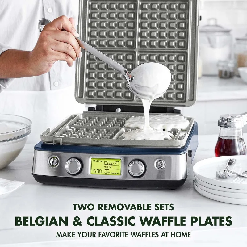 4 square Belgian waffle irons and classic waffle iron with adjustable shading/crispness control