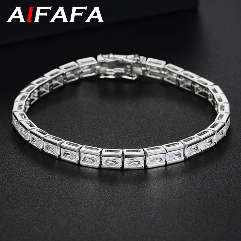 

AIFAFA S925 Sterling Silver High Carbon Diamond Bracelet For Women Lady Girl Rectangle Twinkle Gemstone Bangle Fine Jewelry