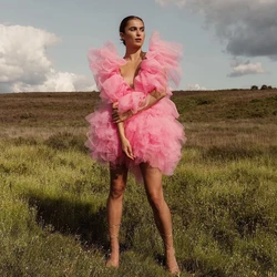 Very Puffy Mesh Women Summer Dress Sexy V Neck Ruffles Mini Prom Party Dresses Chic Fluffy Tulle Short Cocktail Party Gowns