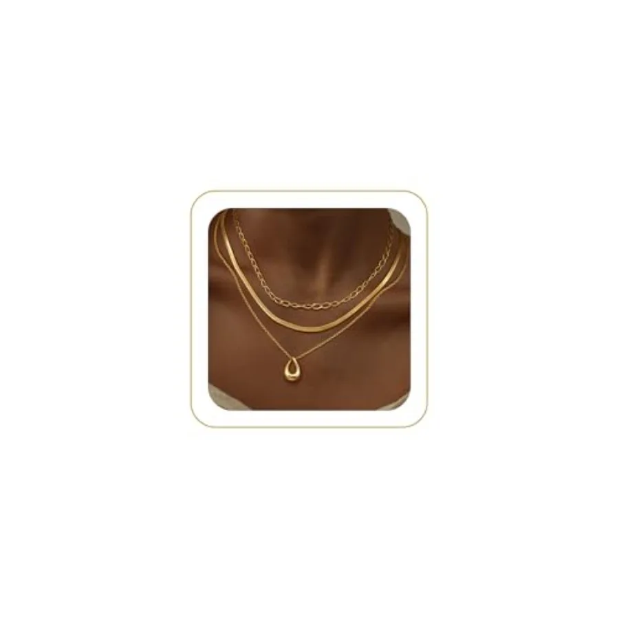 

Layered Gold Necklaces for Women, Trendy 14k Gold/Silver Plated Pendant Necklace Stack Simple Herringbone Chain Choker Set Gold