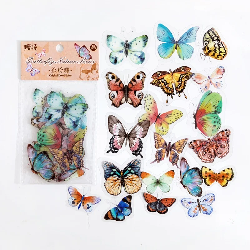 40 stuks kleurrijke vlinderstickers van PET, voor doe-het-zelfdecoratie, geschikt voor dagboeken, scrapbooks en albums.