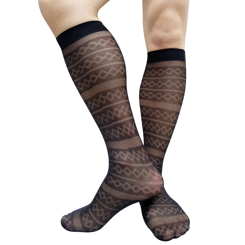 Knee High Long Tube Mens Dress Suit Socks See Through Vintage Floral Sexy Stocking Lingerie Softy Business Gentleman Socks