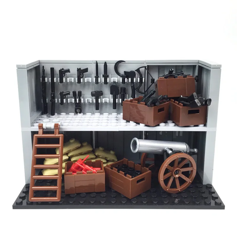 WW2 Architecture military weapon room Arsenal Building Blocks Rifle cannon sandbag Bricks Kit DIY Creative Military Toy For Kids