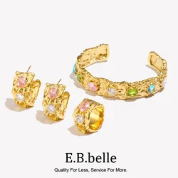 E.B.belle Cast  Irregular Colorful Rhinestone Bracelet Earring Ring Jewelry Set 18k Gold Plated Stainless Steel For Women Charm