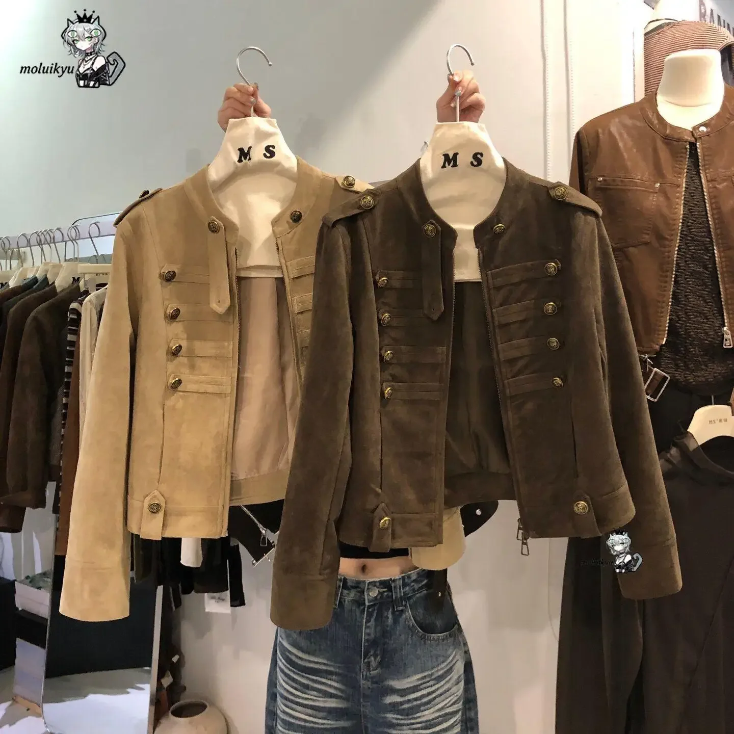 Y2K Vintage Jacket Long Sleeve Double Breasted Women Faux Suede Stand Collar Gold Buttons Decoration Slim Fit Retro Streetwear