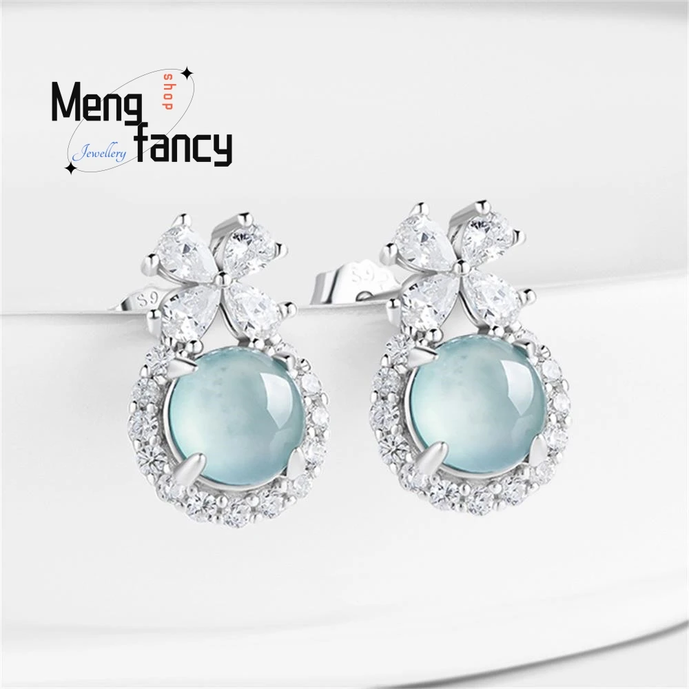 Natural A-goods Jadeite Blue Water Egg Face S925 Silver Inlaid Fashion High-grade Female Models Ice Jade Earrings Luxury Jewelry