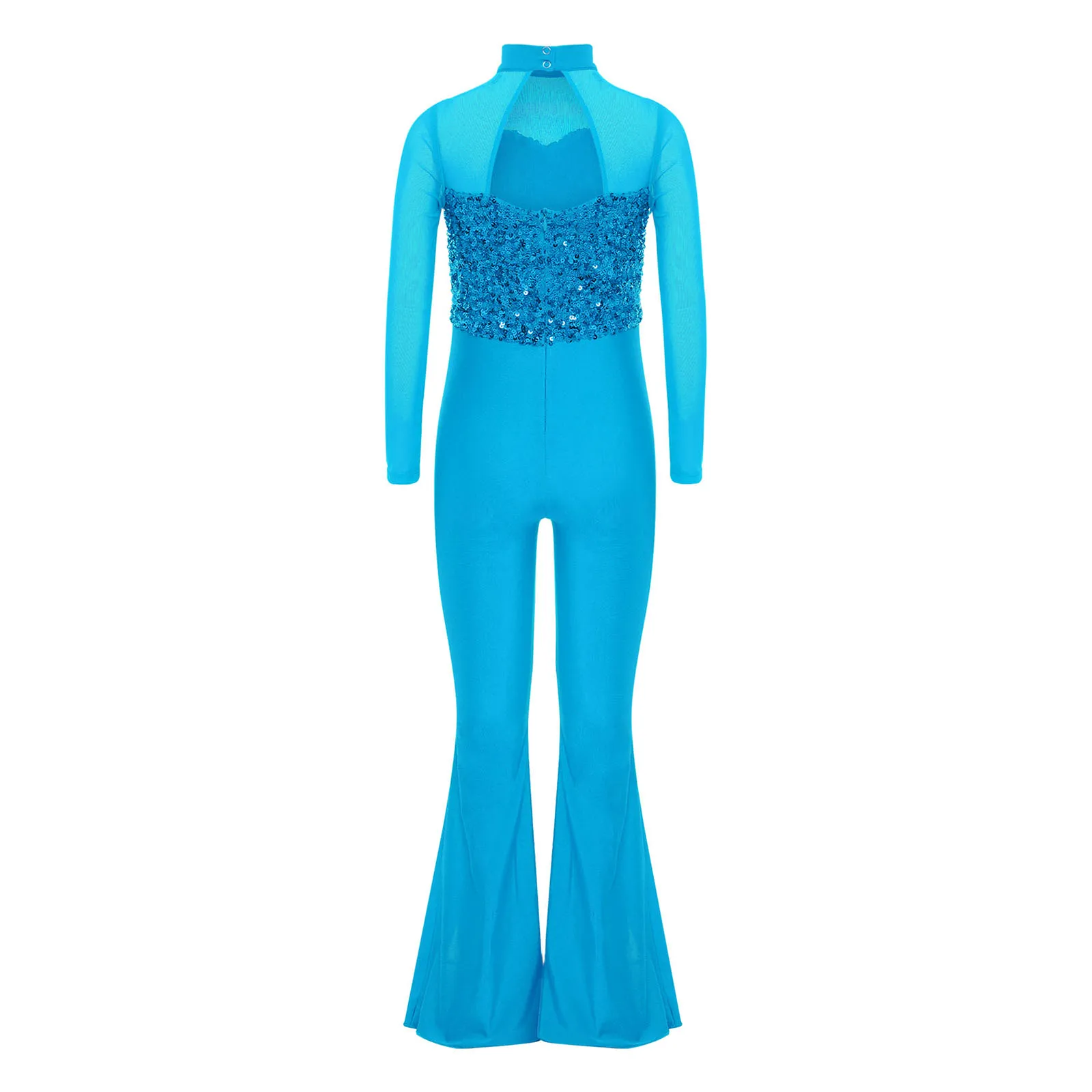 Stylish Girls Hip Hop Jazz Dance Costume Long Sleeve Cutout Back Sheer Mesh Patchwork Sequins Bodice Split Bell-Bottom Jumpsuit
